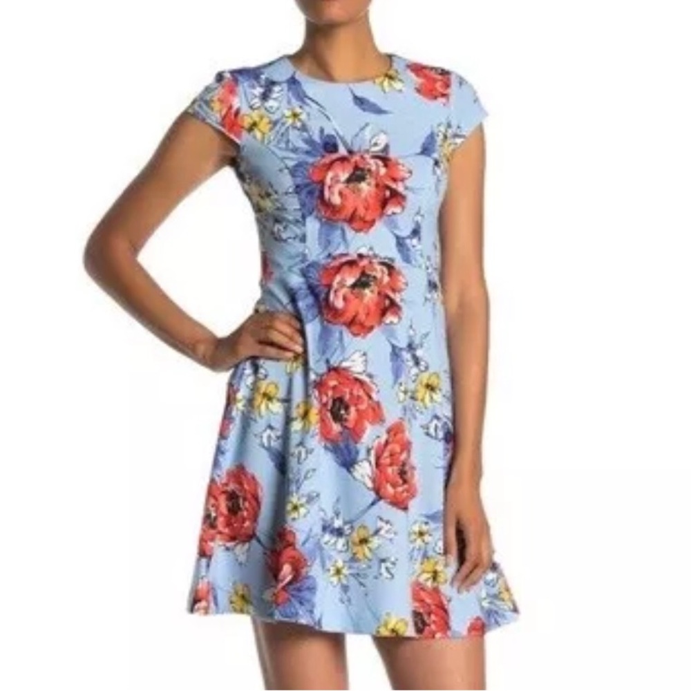 Vince Camuto Womens Floral Fit & Flare Mini Dress Size 4 Blue & Red Short Sleeve - Picture 1 of 16